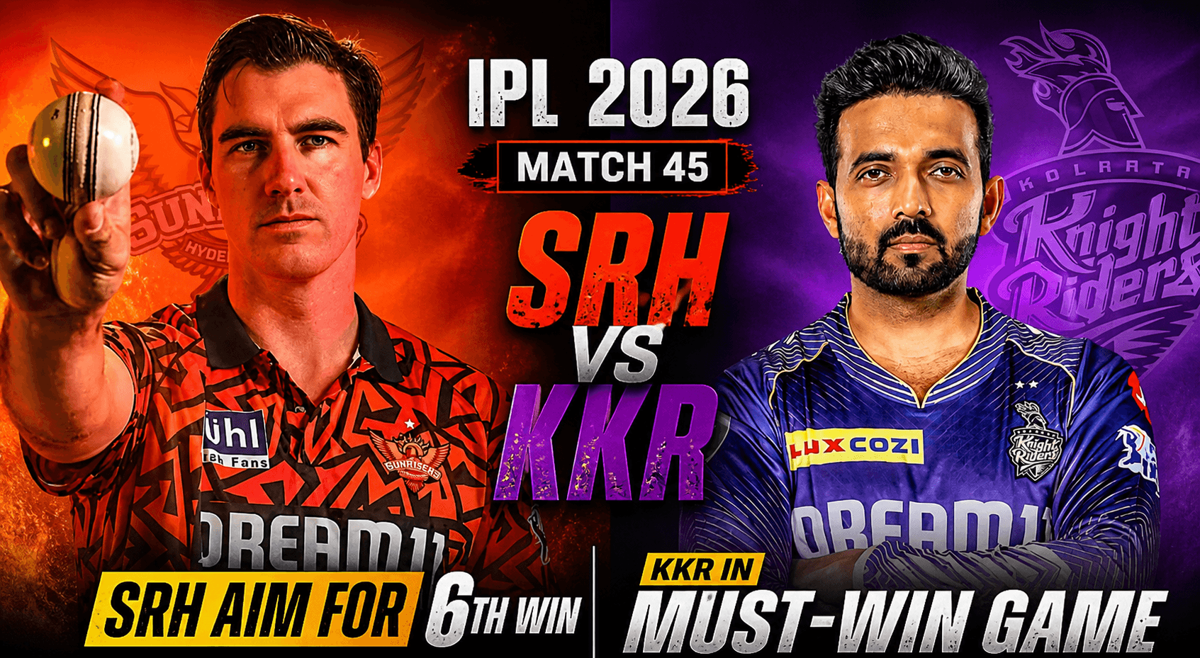 SRH vs KKR IPL 2026 Match 45: Hyderabad Aim for 6th Win, Kolkata in Must-Win Game