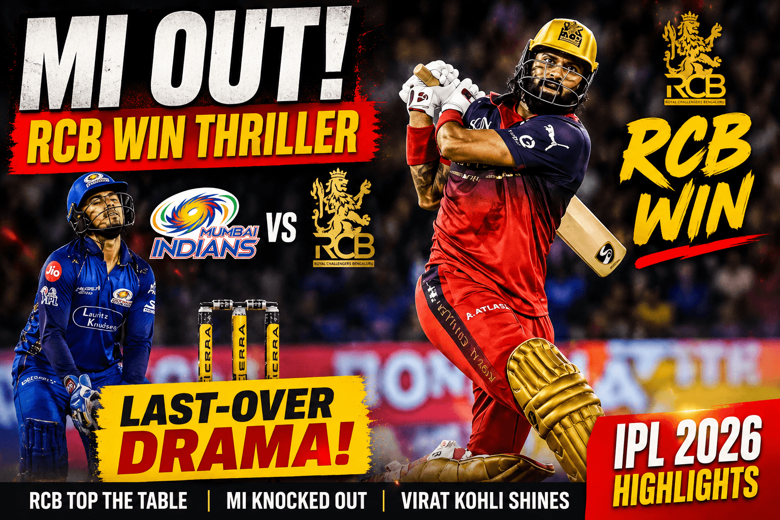 MI vs RCB IPL 2026 Highlights: RCB Knock Out Mumbai Indians in Last-Over Thriller