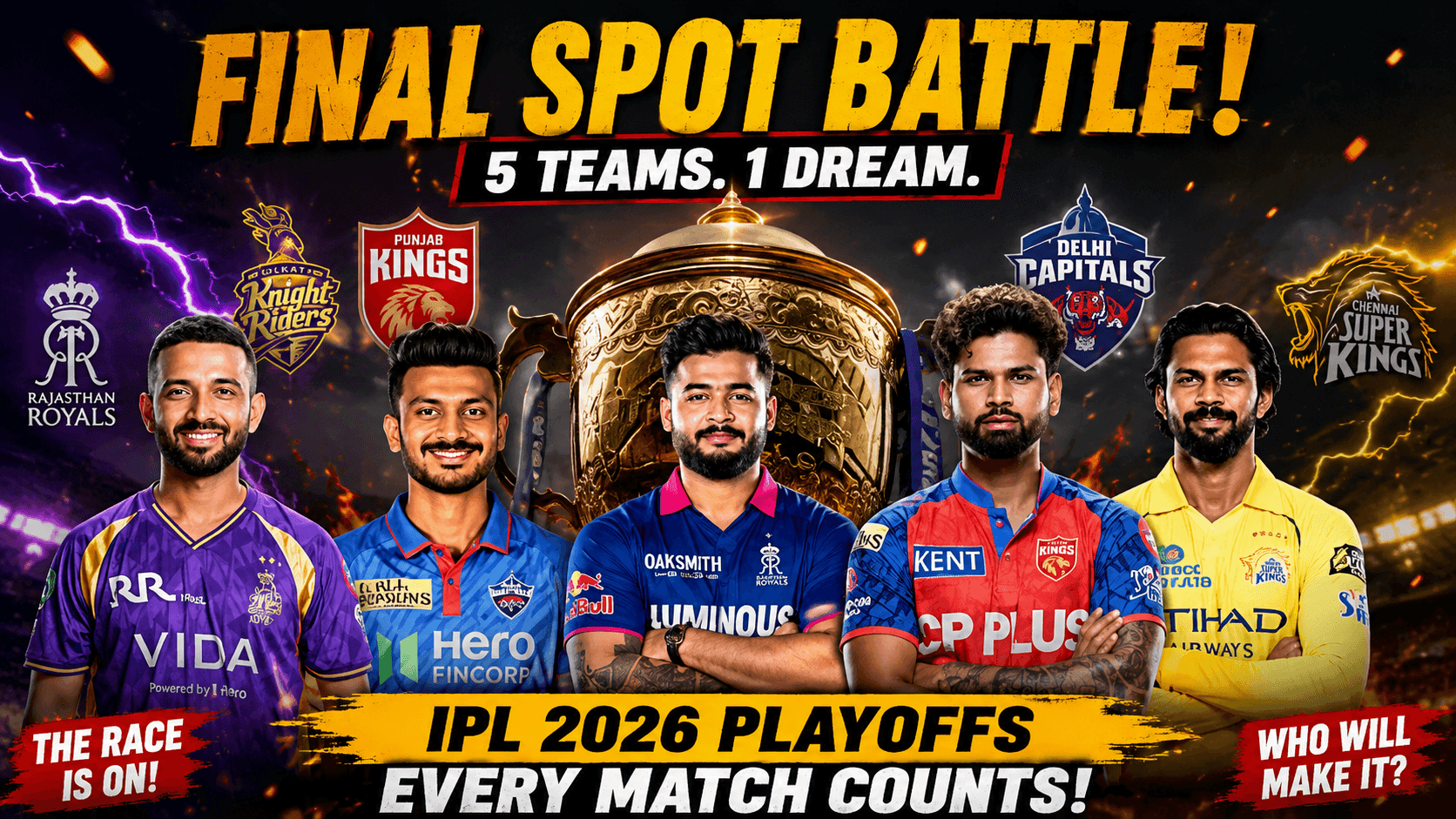 IPL 2026 Playoff Race Heats Up as RR, PBKS, CSK, DC and KKR Fight for Final Spot